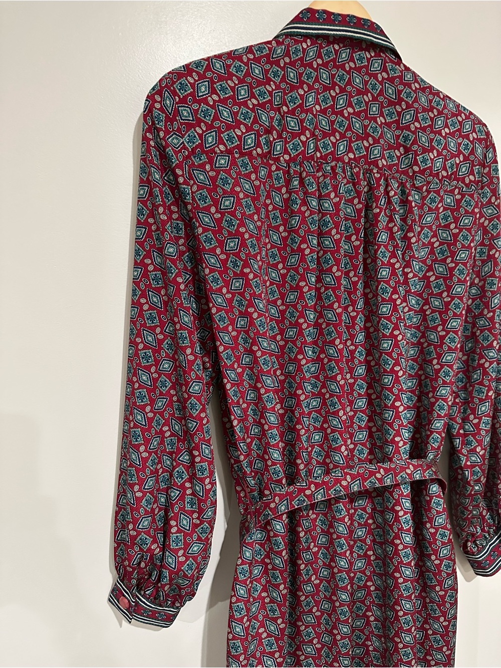 Vintage Schrader Red Geometric Belted Shirt Dress Retro Fits XL Midi Pockets - Picture 11 of 16